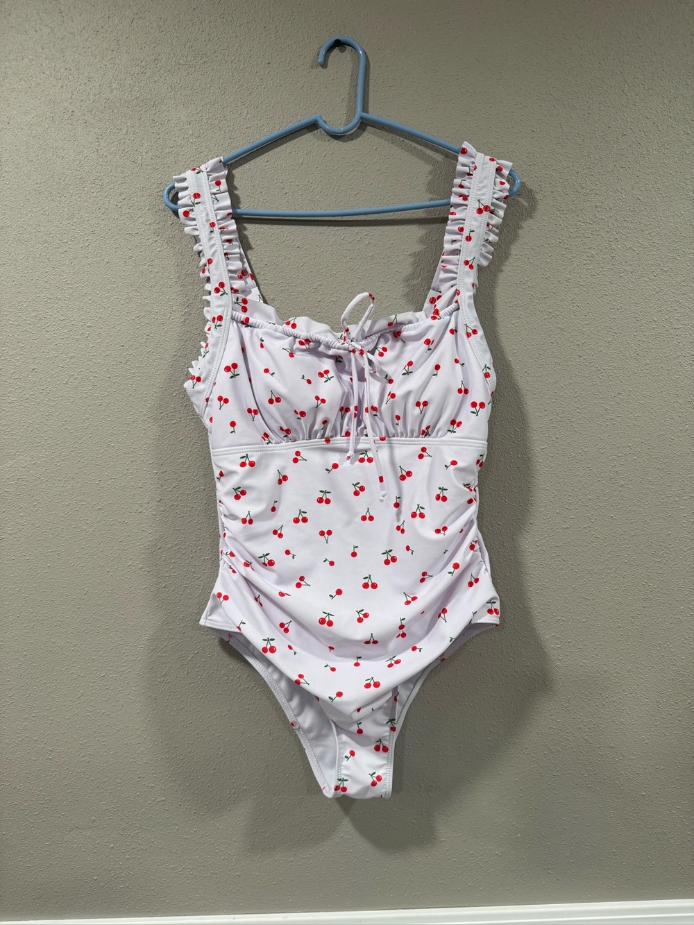 White Cherry Print Ruffled One-Piece Swimsuit - Picture 3 of 6